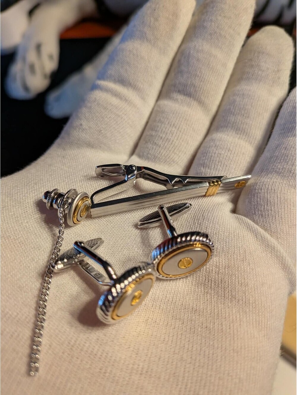 Vintage Dunhill Silver Gold Silver Two Tone Cufflinks Tie Pins Set!  All 4!
